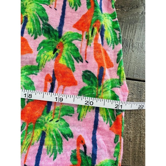 BOUFFANTS + BROKEN HEARTS Womens L Pink Flamingo & Palm Tree Linen Boxy Crop Tee - Picture 9 of 10